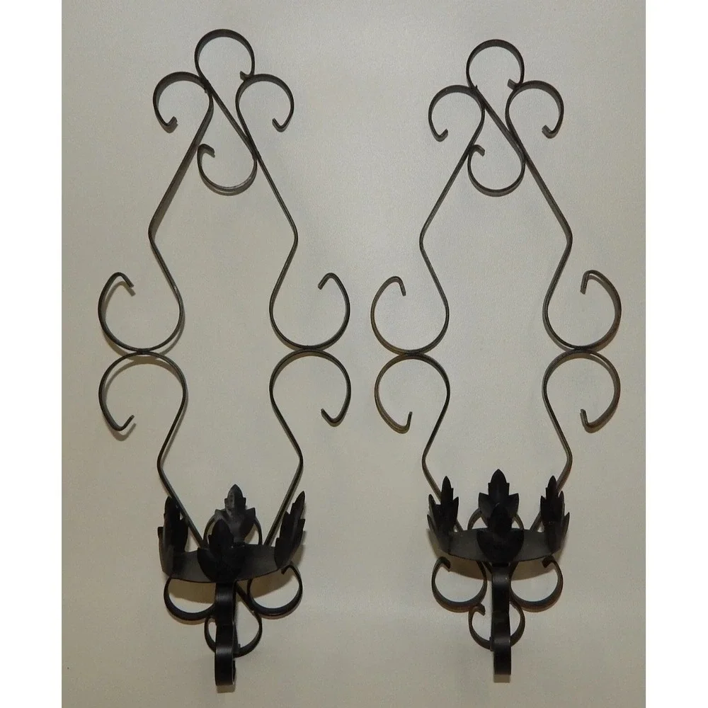 Vtg Gothic Wrought Iron Scroll Spanish Revival Wall Sconce Candleholders x2 READ